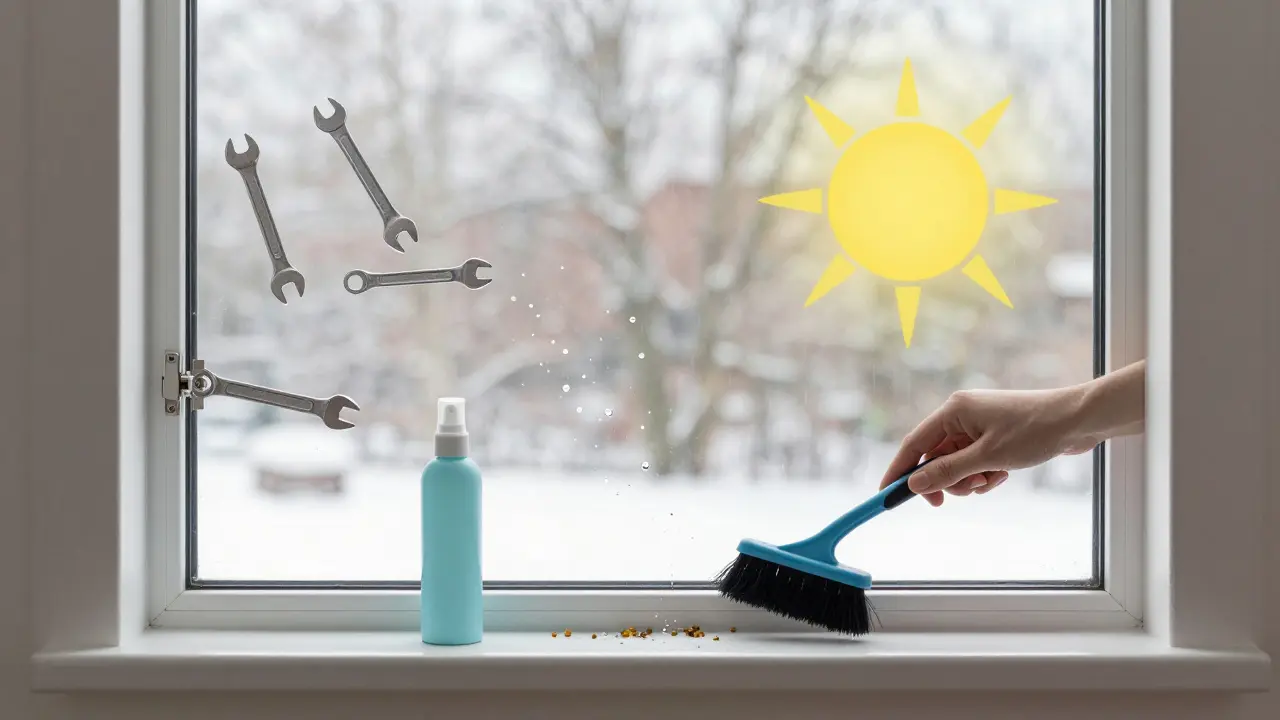 Ein Fenster mit schwebenden Wartungselementen: Schraubendreher, Spray und Bürste in einer jahreszeitlichen Umgebung.