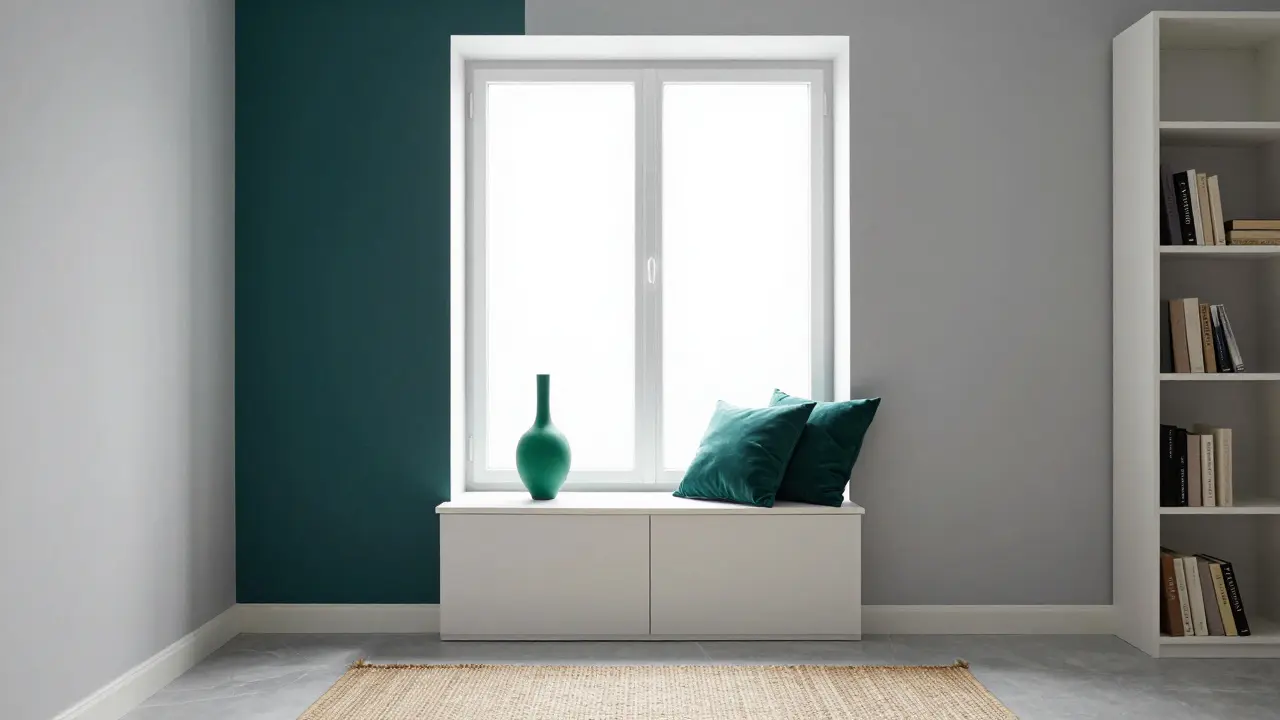 Ein kleines Wohnzimmer mit einer dunkelblauen Akzentwand und grünen Accessoires, die durch Tageslicht hervorgehoben werden.