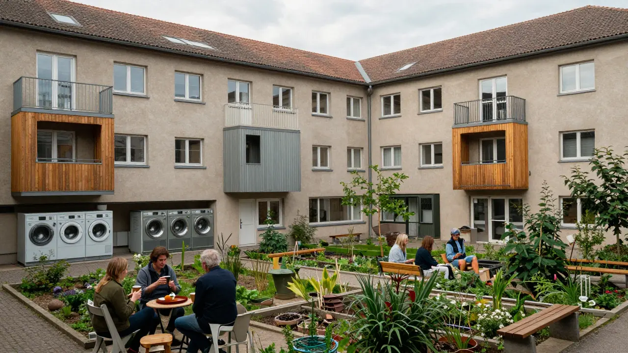 Ein renoviertes ehemaliges Schulgebäude mit vielfältigen Wohnungen und gemeinschaftlichem Garten.