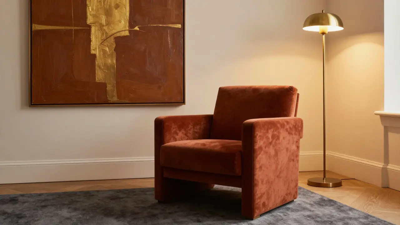 Ein terrakottafarbenes Armchair als einziger farbiger Akzent in einem neutralen Wohnzimmer mit warmem Licht und texturierten Materialien.
