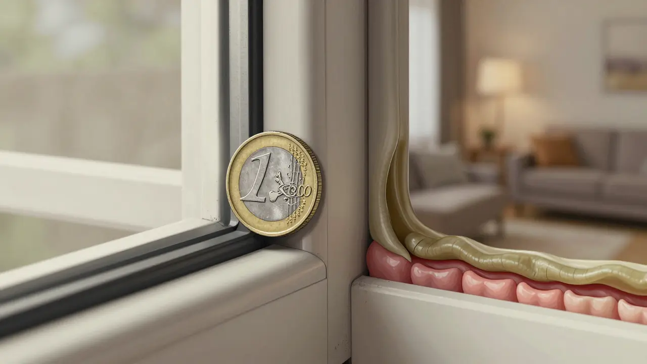 Eine 2-Euro-Münze wird sanft gegen eine Fensterdichtung gedrückt, um ihre Elastizität zu prüfen.