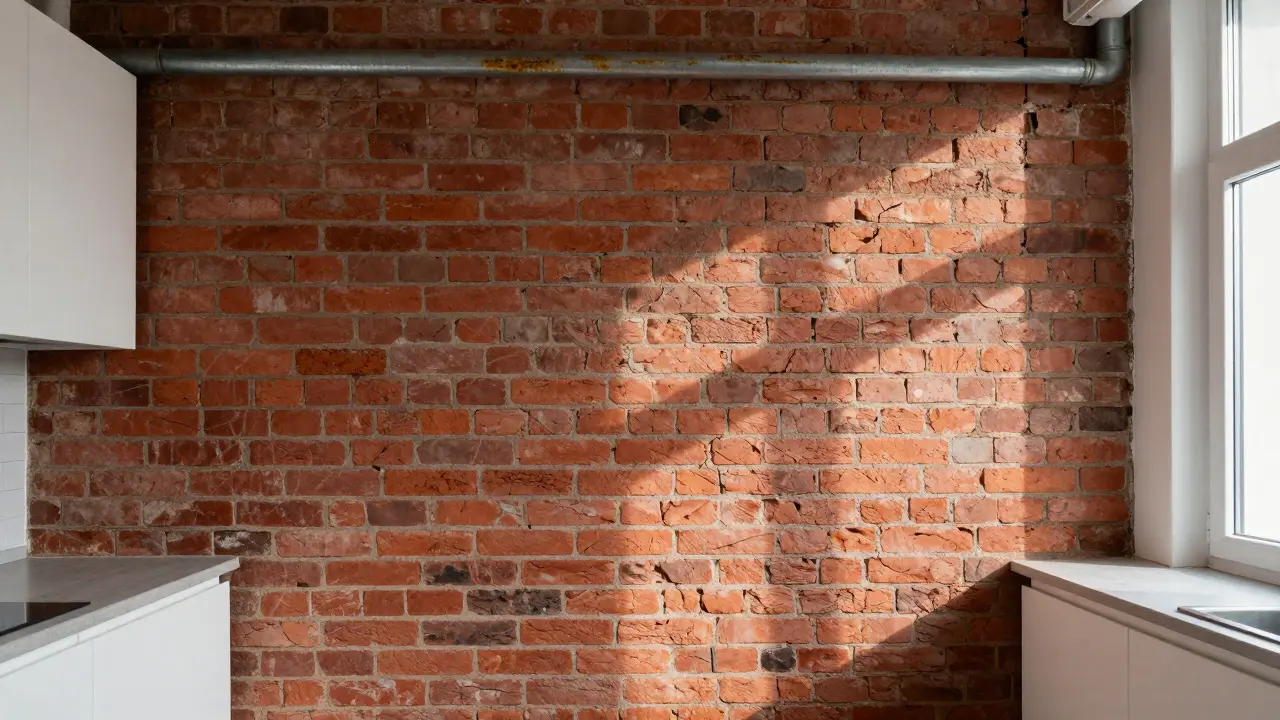 Eine rote Ziegelwand in einer kleinen Küche, die Wärme und Geschichte ausstrahlt.