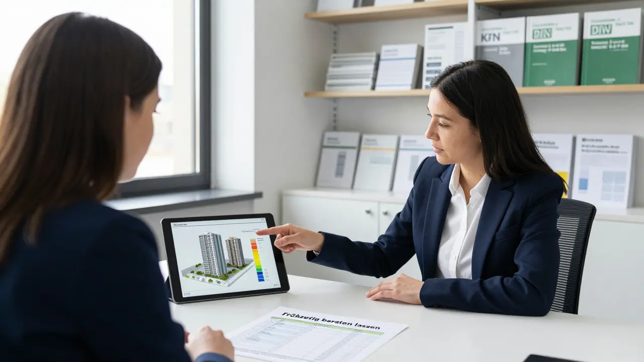 Energieberater erklärt Baupläne an einem Tablet mit 3D-Modell