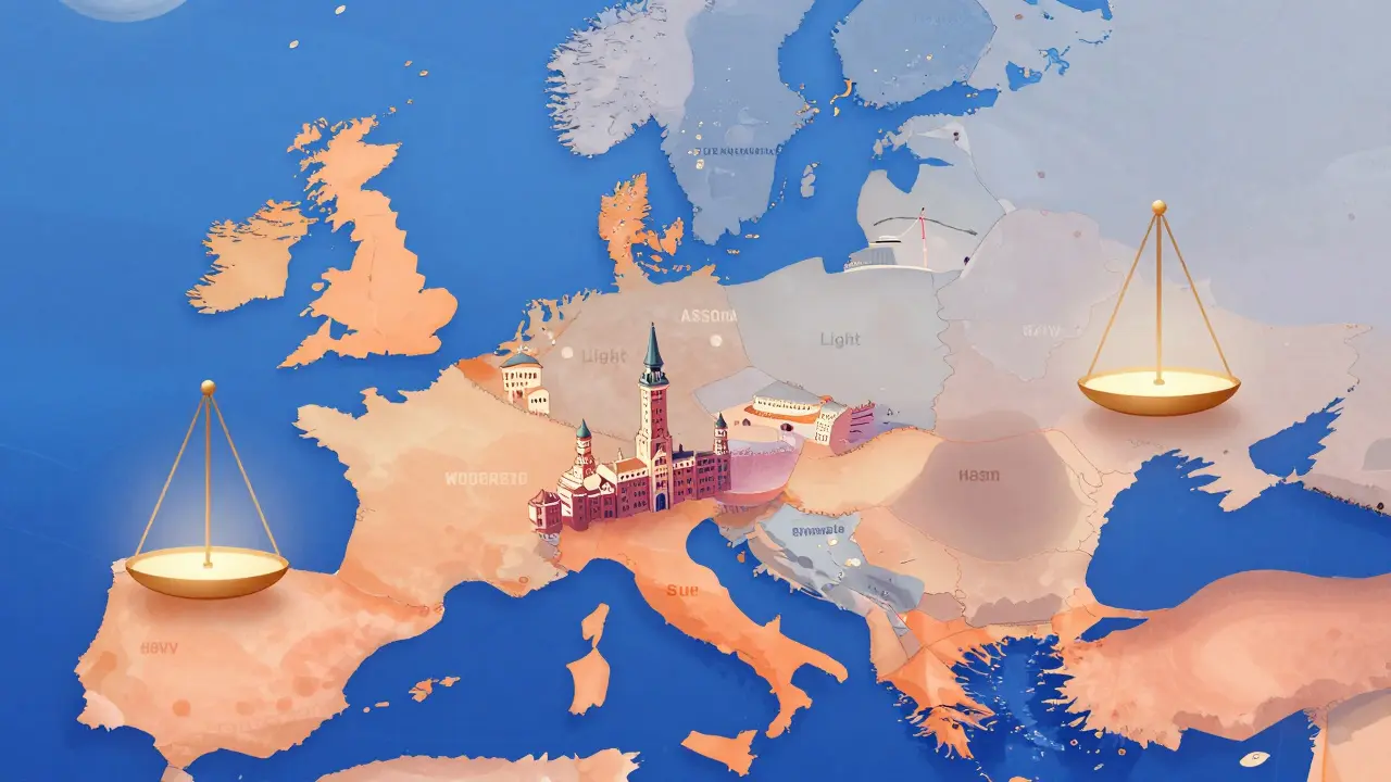 Europa-Karte mit Gebäuden verschiedener Länder und Waage zur Kostenvergleichung.