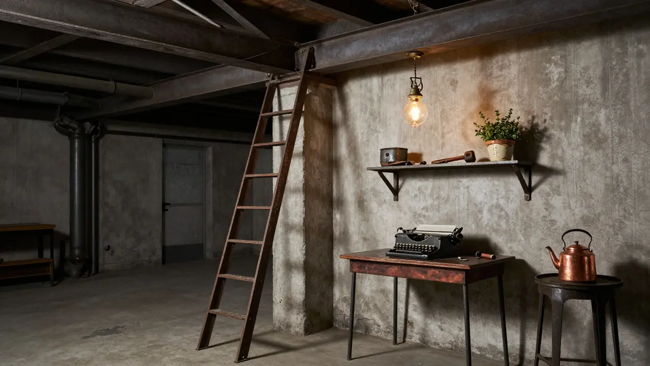 Exponierte Stahlträger und Metallrohre in einem loftartigen Raum mit vintage Möbeln und warmem Licht.