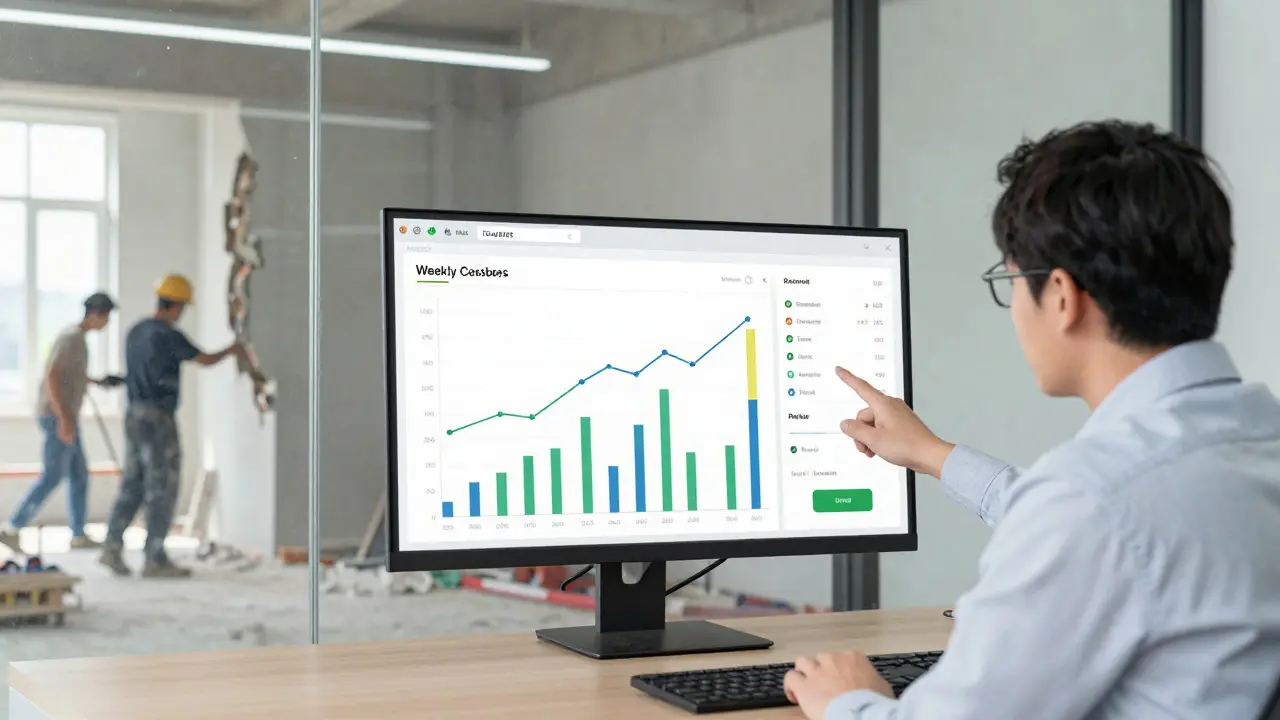 Finanzplaner vor einem digitalen Dashboard, das Cashflow-Daten für ein Renovierungsprojekt zeigt.