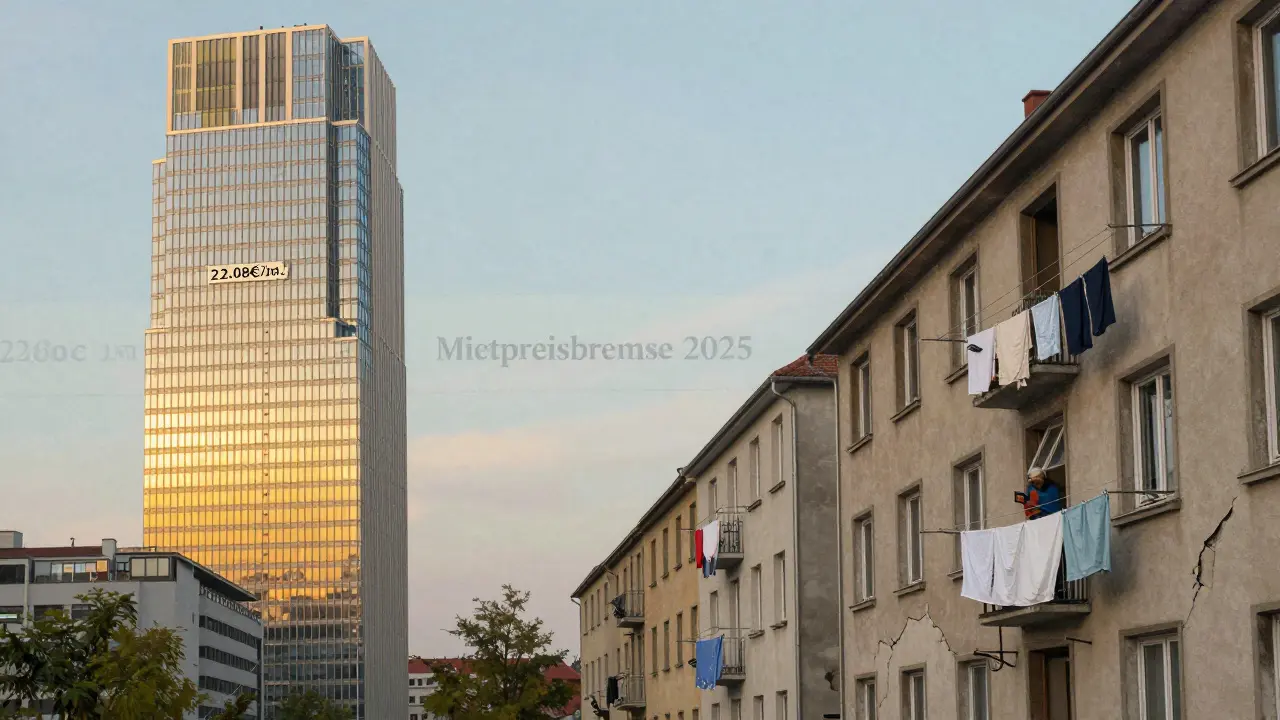 Gegensatz: Luxuswohnhaus in München mit hohen Mieten links, verfallene Mietskasernen rechts, Symbol für ablaufende Mietpreisbremse im Hintergrund.