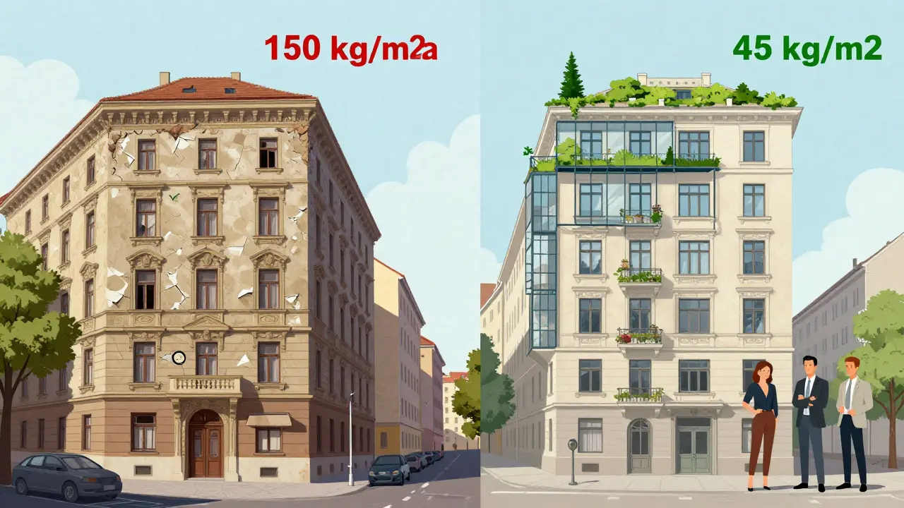 Gegensatz zweier Gebäude: links alt und ineffizient, rechts modernisiert mit niedrigem CO2-Ausstoß, symbolisiert Wertsteigerung.