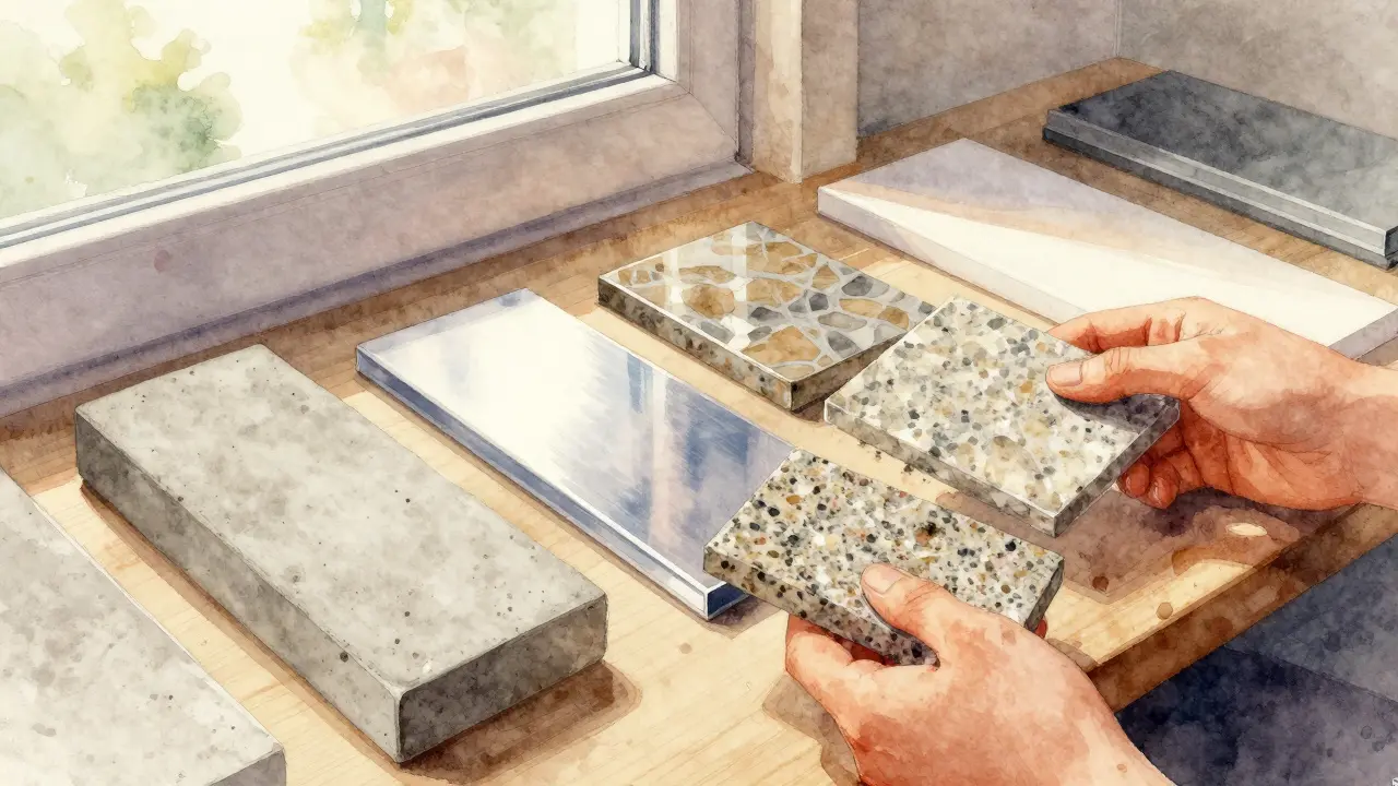 Handwerker vergleicht Fensterbank-Materialien: Beton, Aluminium, Granit.