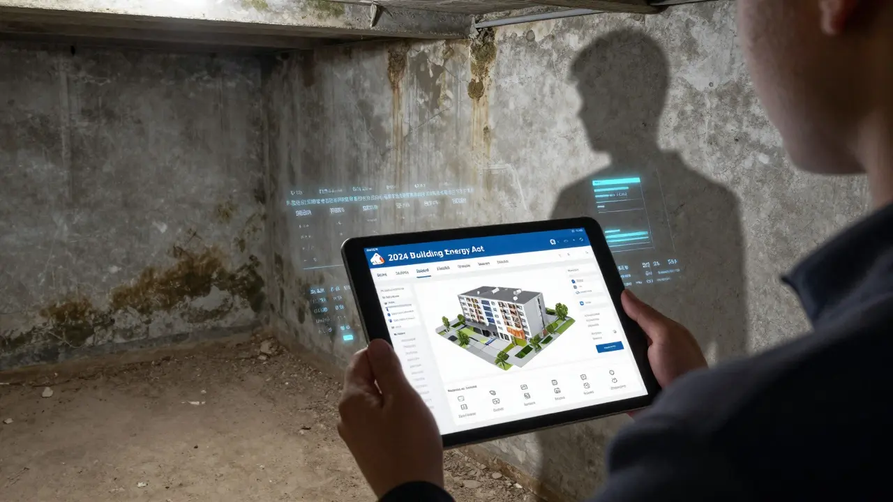 Hausbesitzer mit digitalem Sanierungsbericht im Keller, Schimmel an den Wänden sichtbar.