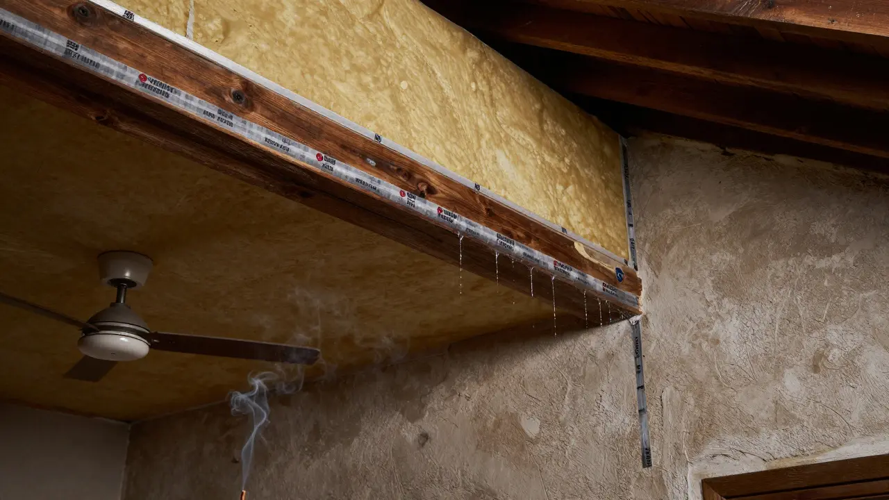 Innendämmung mit Calciumsilikatplatten an der Dach-Wand-Ecke eines Altbaus, mit Dichtband und Deckenventilator.