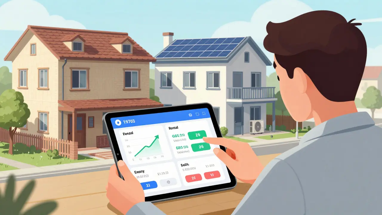 Investor analysiert digitales Dashboard mit Mietrendite, Energieeinsparungen und Verringerung der Leerstandszeit.