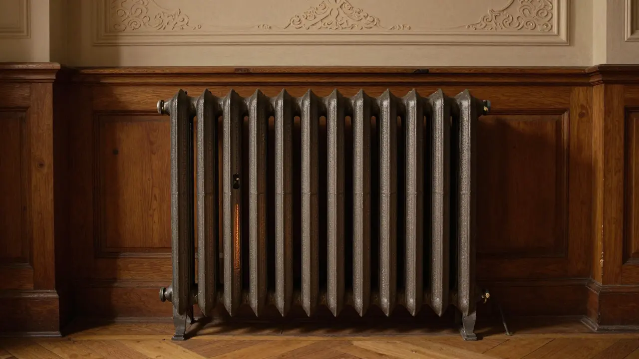 Klassischer Heizkörper aus dem 19. Jahrhundert mit moderner Innentechnik in einem historischen Wohnzimmer.