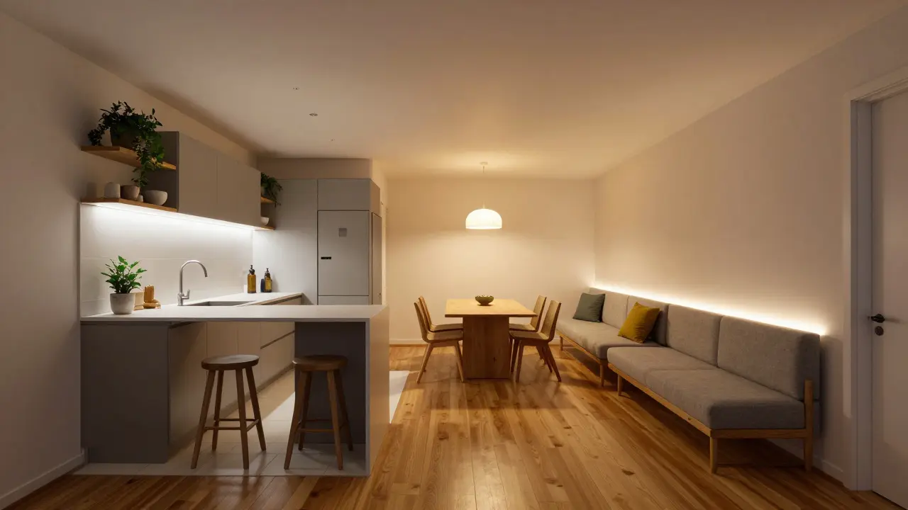 Kompaktes Wohn-Esszimmer mit offenen Regalen, Eckbank und klarem Bodenübergang zwischen Fliesen und Holz.