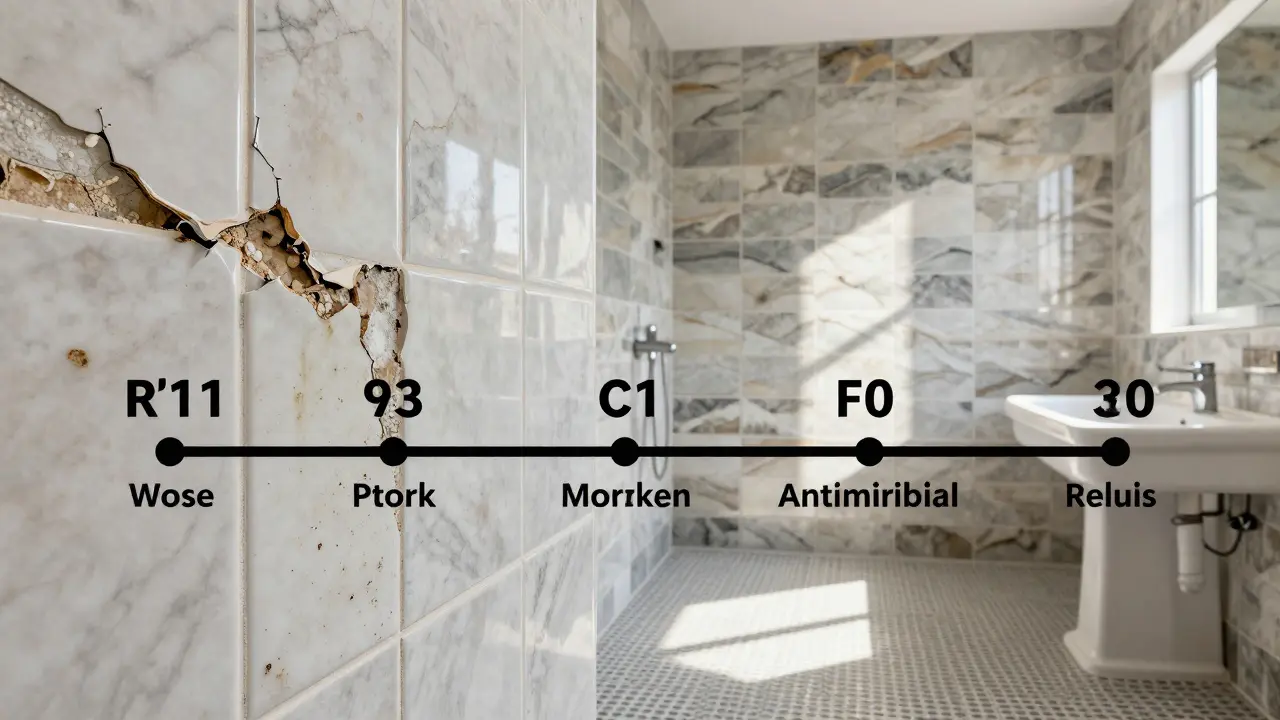 Kontrast zwischen veralteten, schimmeligen Fliesen und modernen, langlebigen Feinsteinzeugfliesen mit digitaler Steinoptik.