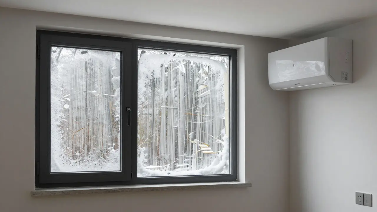 Moderne Fenster mit dichter Abdichtung neben einer undichten alten Fensteröffnung, mit Lüftungsanlage im Hintergrund.