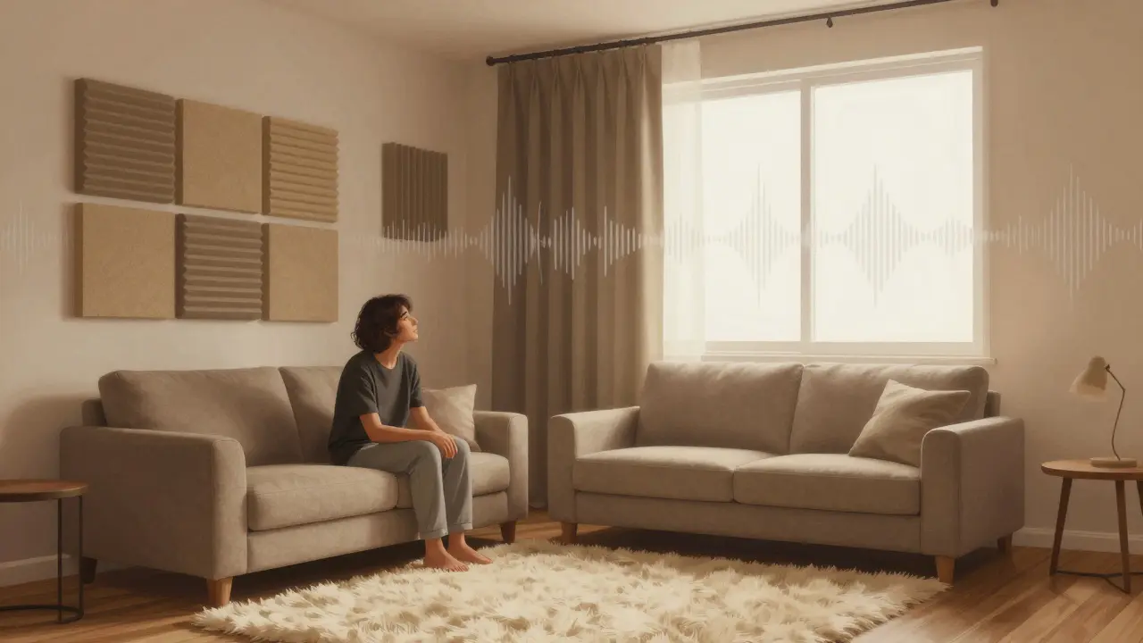 Person auf Sofa in einem schallgedämpften Wohnzimmer mit Akustikteppich, Paneele und dicken Vorhängen.