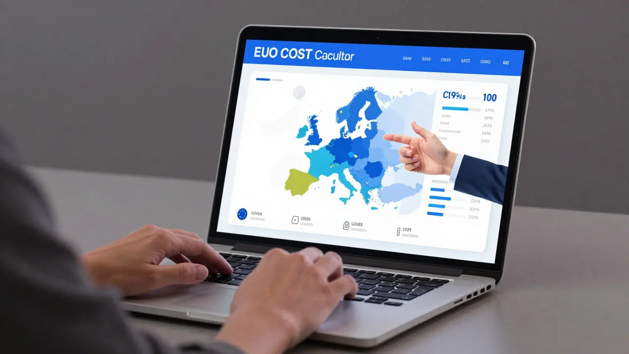 Person mit Laptop und EU-Kostenrechner, Finanzberater zeigt auf Bildschirm.