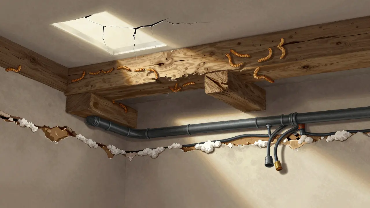 Querschnitt eines alten Hauses mit beschädigten Fundamenten, verfaulten Balken und Bleirohren.