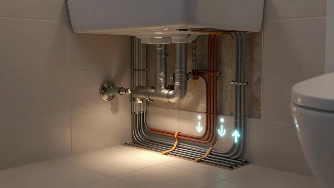 Querschnitt eines Badezimmers mit sichtbaren Wasserrohren, Elektrik, Lüftung und Fußbodenheizung unter Fliesen, in technischem Lichtstil.