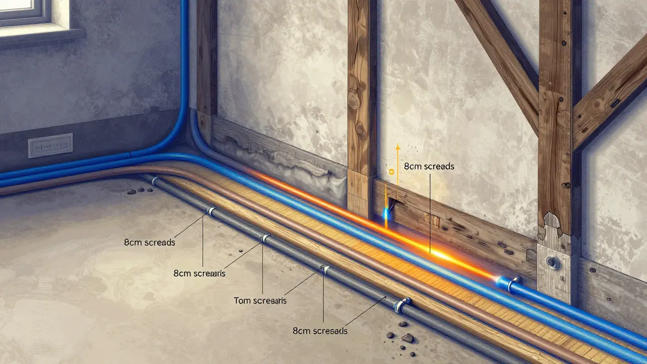 Querschnitt eines Bodenaufbaus mit kollidierenden Heizrohren und Elektrokanälen in historischer Bausubstanz.