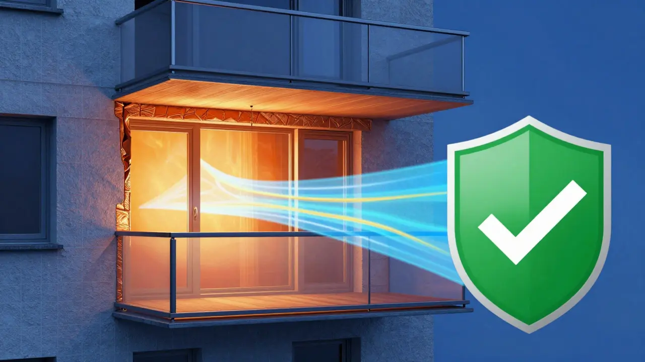 Querschnitt eines Gebäudes mit Wärmeverlusten und Zertifizierungsschild