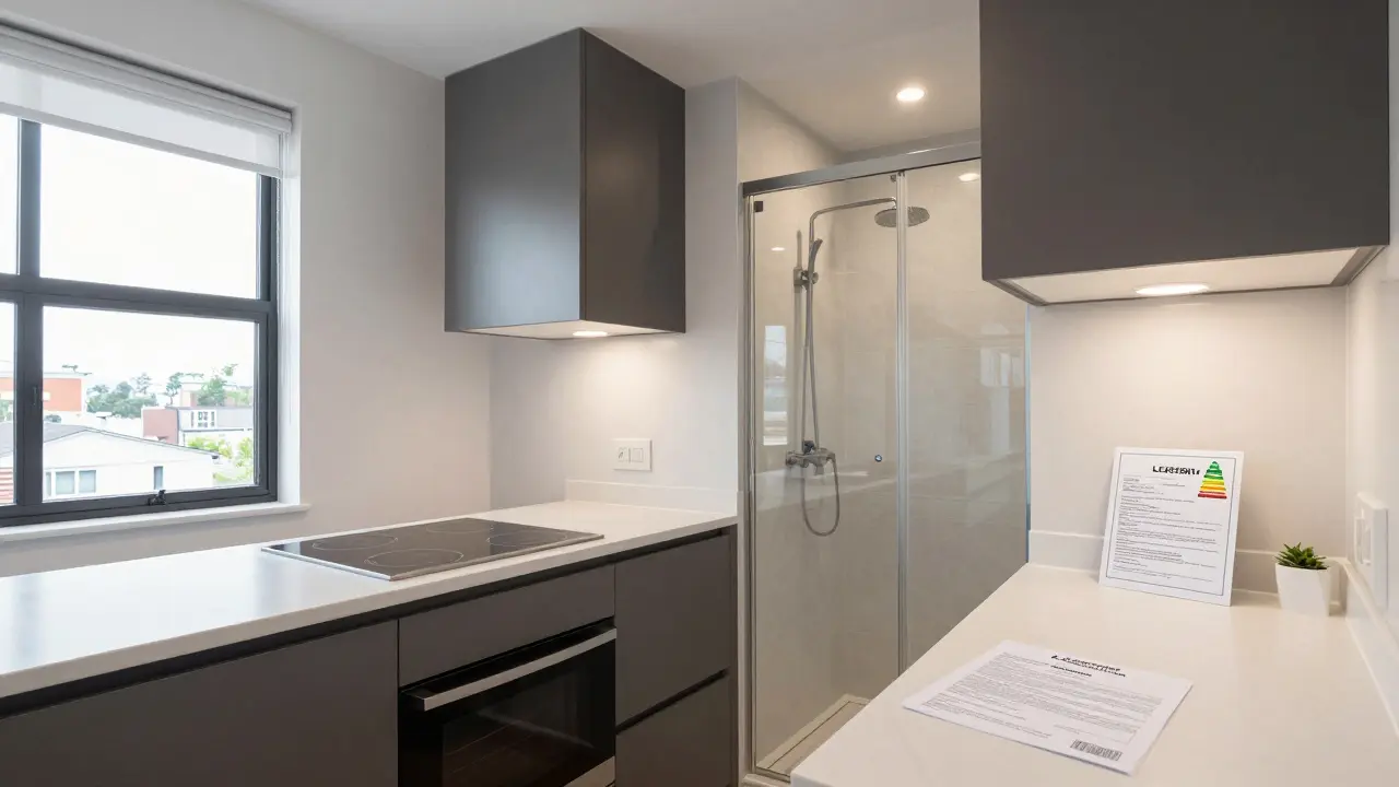 Renovierte Küche und Bad mit modernen Geräten und natürlichem Licht in einer Mietwohnung.