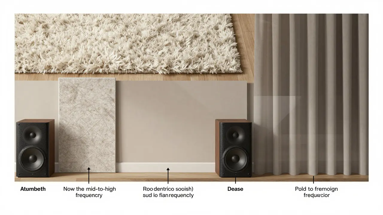 Schematische Darstellung der schallabsorbierenden Wirkung von Teppich, Paneelen und Vorhängen im Wohnzimmer.
