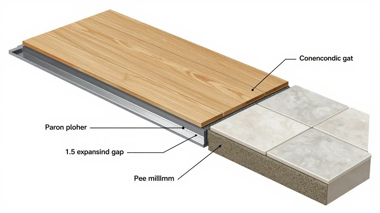 Schnittansicht eines Bodenübergangs mit allen Schichten: Dampfsperre, Dämmung, Parkett, Dehnungsfuge und Übergangsprofil