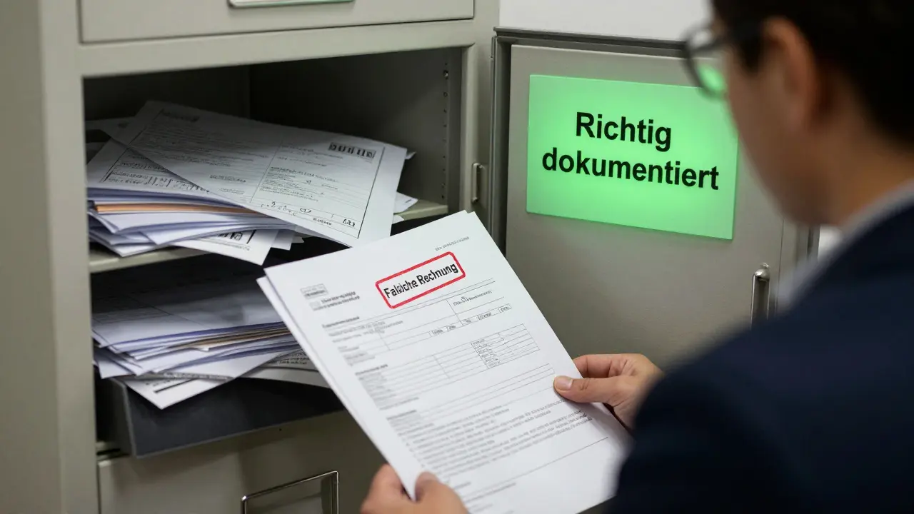 Steuerberater sortiert Rechnungen, wobei fehlerhafte Dokumente rot markiert sind und korrekte grün leuchten.