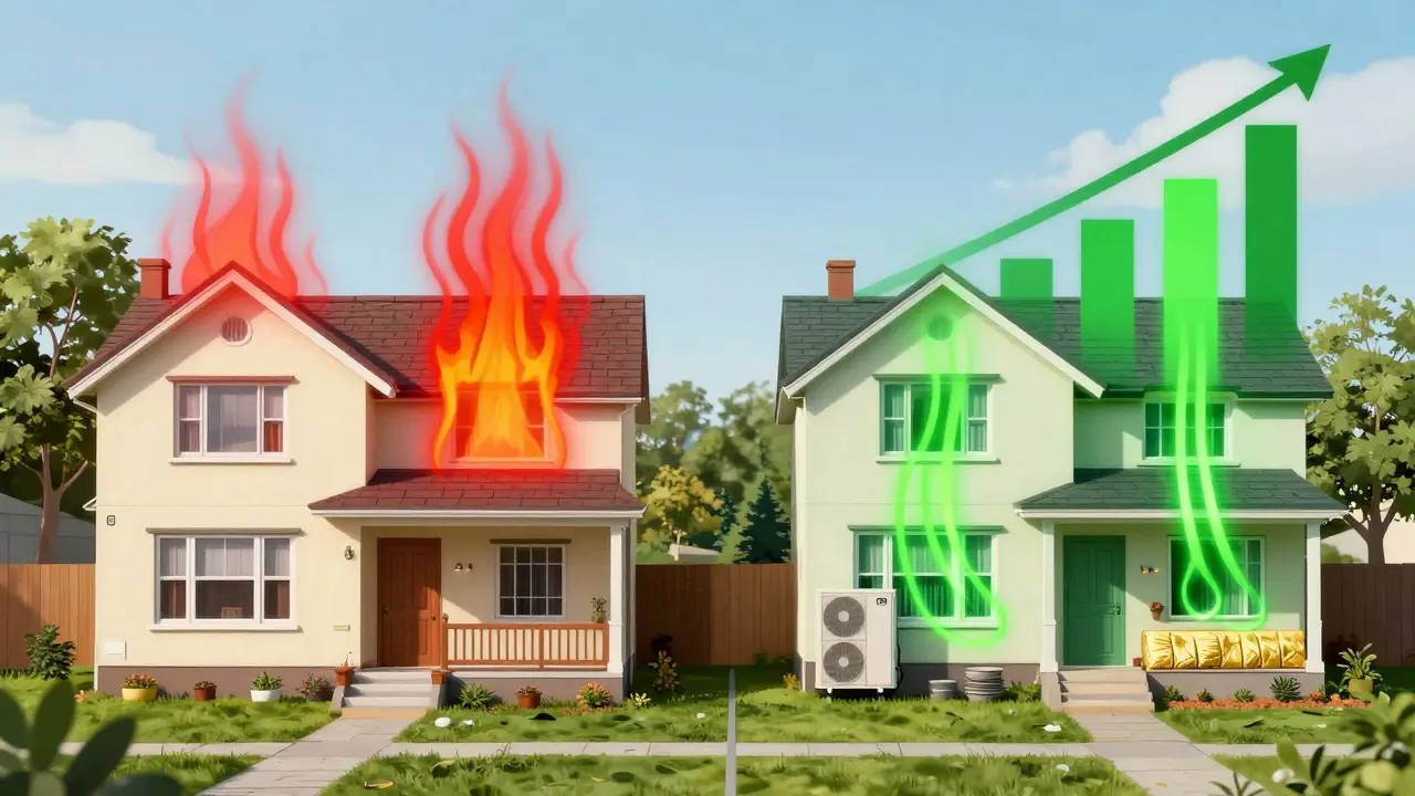 Vergleich eines alten und sanierten Hauses mit Energieflüssen und steigendem Wert — zeigt die Vorteile ganzheitlicher Sanierung.