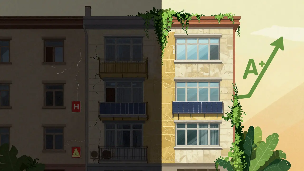 Vergleich eines alten unsanierten Hauses mit einer sanierten, grünen Version und A+ Energieklasse.