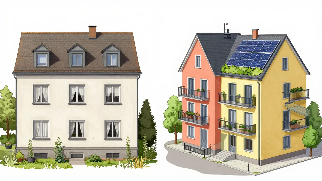 Vergleich eines leerstehenden Einfamilienhauses mit einem umgenutzten, nachhaltigen Mehrfamilienhaus.