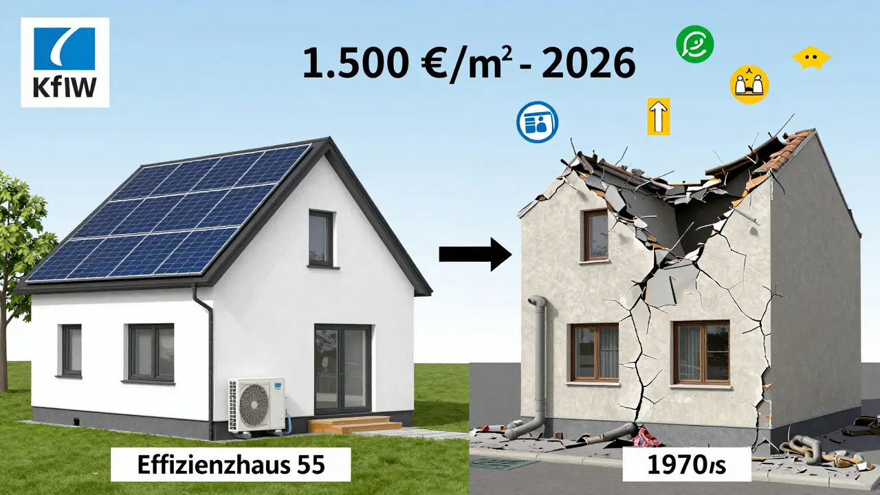 Vergleich zweier Häuser: modernes, gedämmtes Gebäude links, verfallenes Altbauhaus rechts mit Kostenangabe pro Quadratmeter.