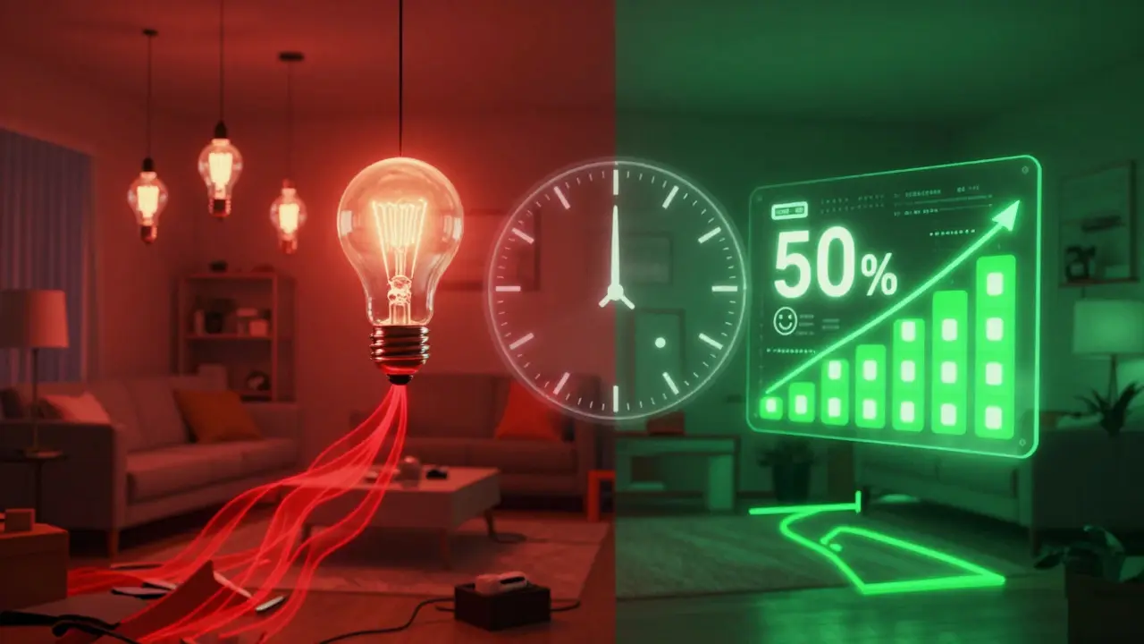 Vergleich zwischen übermäßigem Lichtverbrauch und energieeffizienter LED-Beleuchtung mit positiver Energiebilanz.