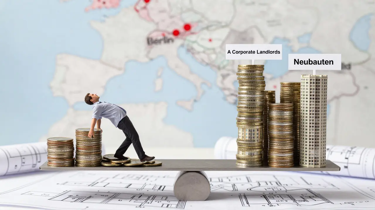 Waage mit Mensch gegen Geldstapel und Wohnungspläne, Deutschlandkarte mit Miet-Hotspots, Konzeptbild für soziale Ungleichheit im Wohnungsmarkt.