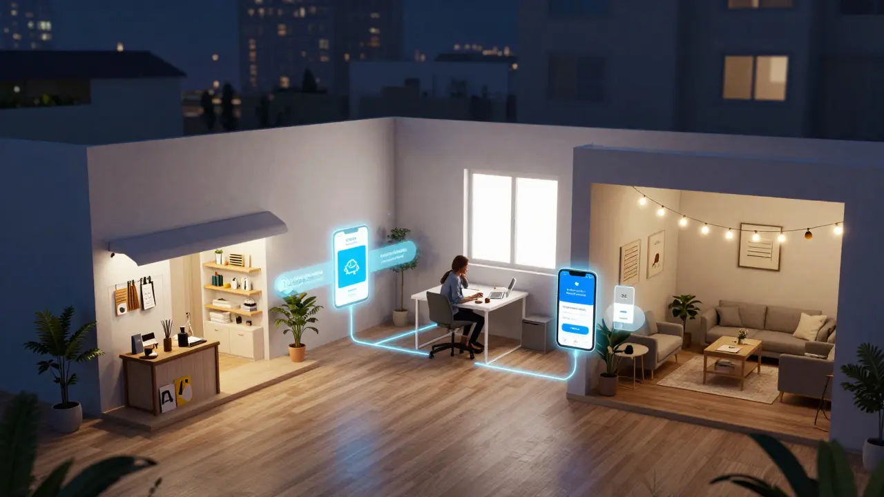 An empty apartment transforms into a pop-up store, home office, and event space with digital tools glowing around it.