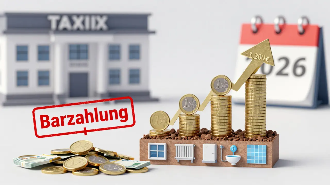 Aufstrebender Bonus von 1.200 € mit Symbolen für Handwerkerleistungen, Barzahlung durchgestrichen.