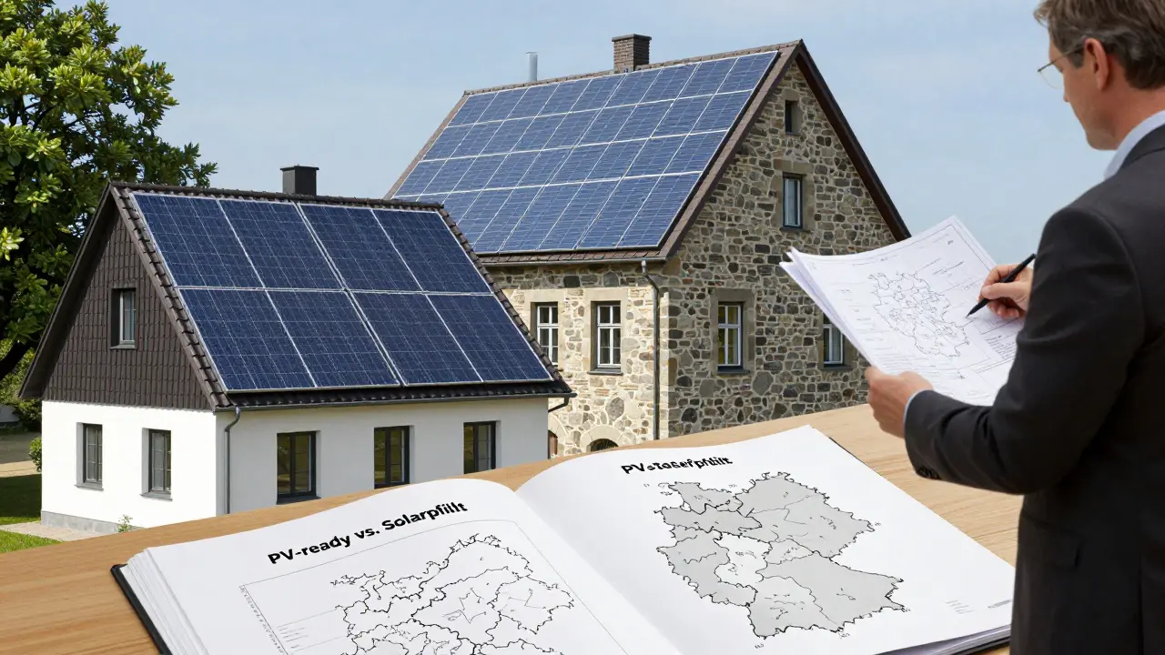 Denkmalgeschütztes Haus mit transparenter Solarfolie, daneben normales Haus mit klassischen Solarmodulen.