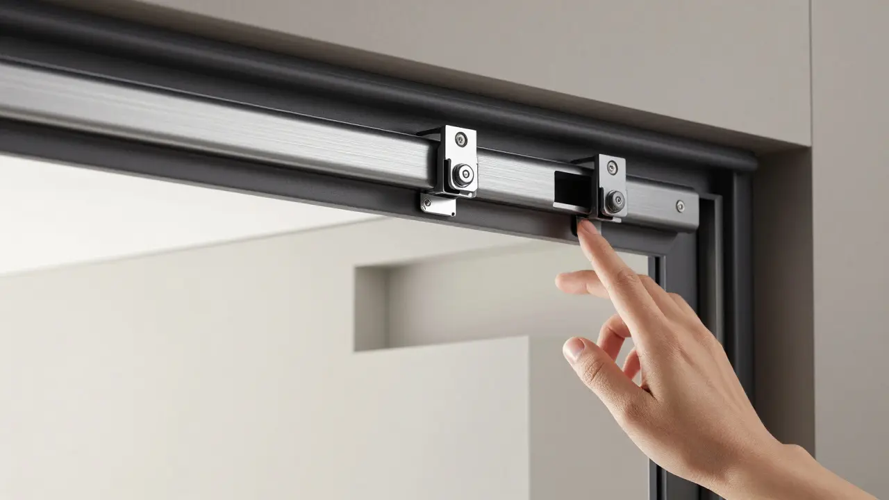 Detailansicht eines hochwertigen Schiebetürsystems mit leiser Laufschiene und versteckter Einbautasche.