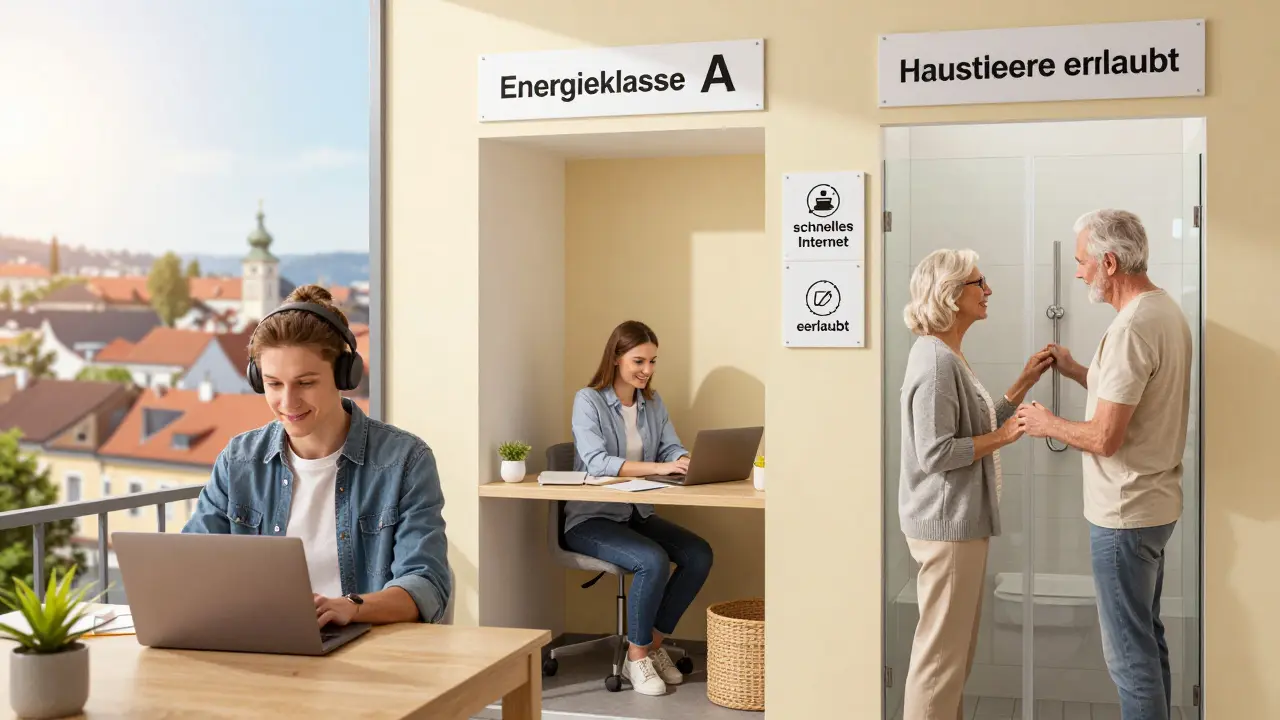 Diverse tenants explore a modern Klagenfurt apartment with clear signs for energy efficiency, internet, and pet-friendliness.