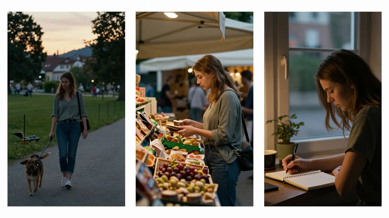 Drei alltägliche Momente in Österreich: Spaziergang, gesunde Ernährung und innere Reflexion – jeder ein Teil des Gewichtsverlustprozesses.