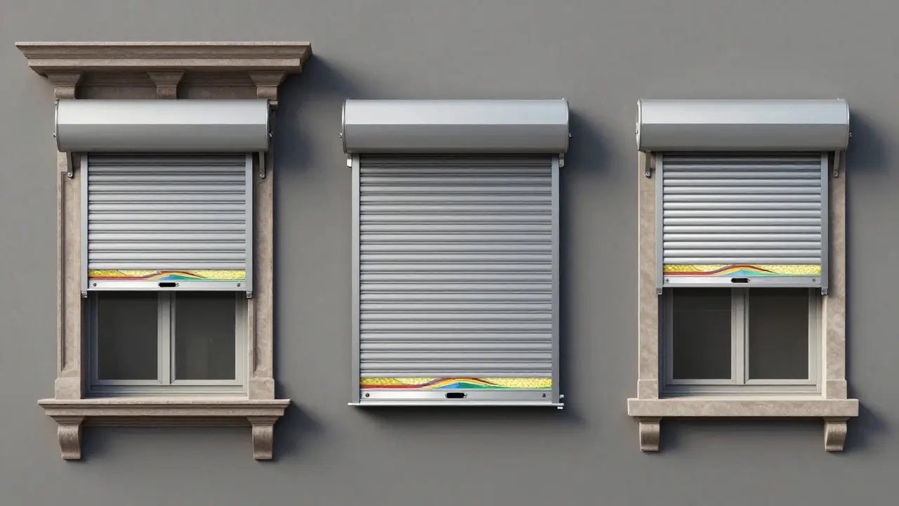 Drei Arten von Rollladenkästen im Vergleich: Aufsatz, Einbau und Aufbau mit detaillierten Dämmschichten.