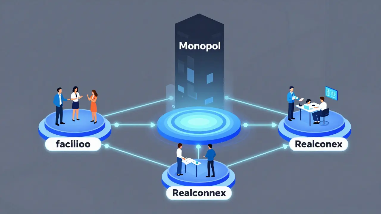 Drei interoperable Immobilienplattformen in einem offenen Netzwerk, im Kontrast zu einem bedrohlichen Monopol.