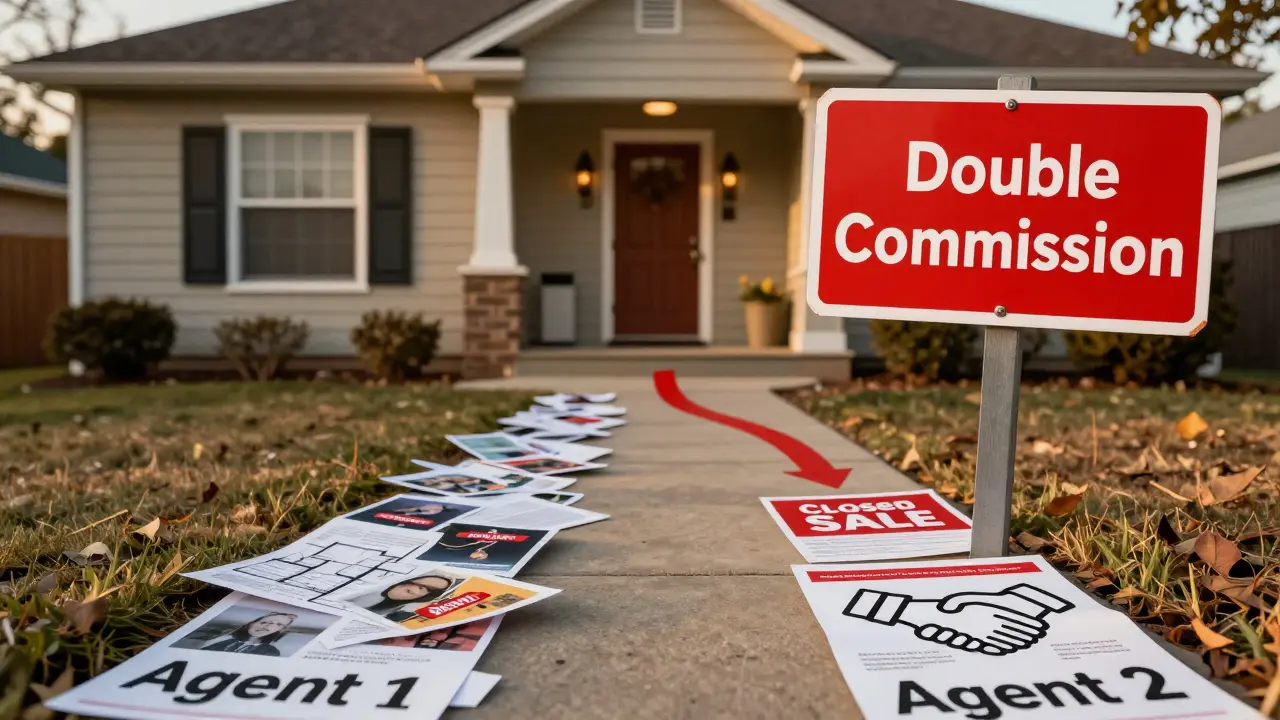 Ein Haus mit zwei Wegen zum Verkauf, beide führen zu doppelter Provision, warnendes Schild oben, realistische Stimmung.