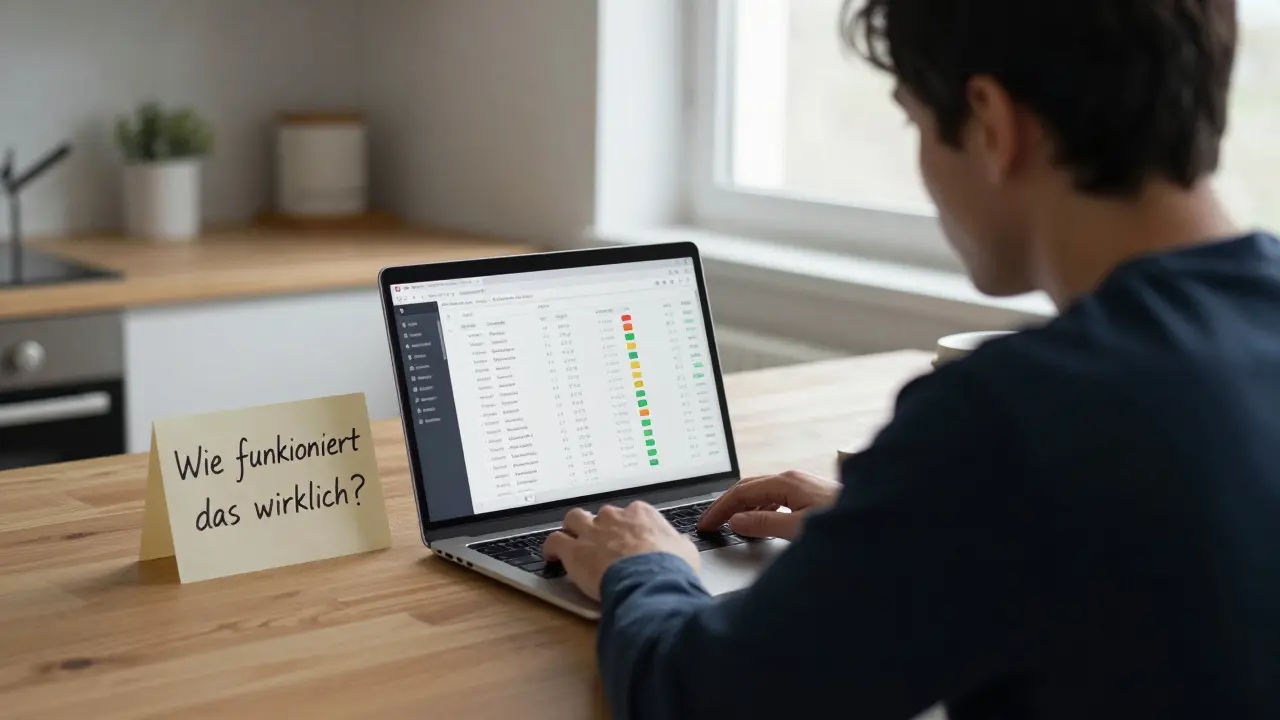 Ein kleiner Vermieter analysiert eine digitale Plattform-Dashboard-Ansicht mit Sorgen auf dem Gesicht.