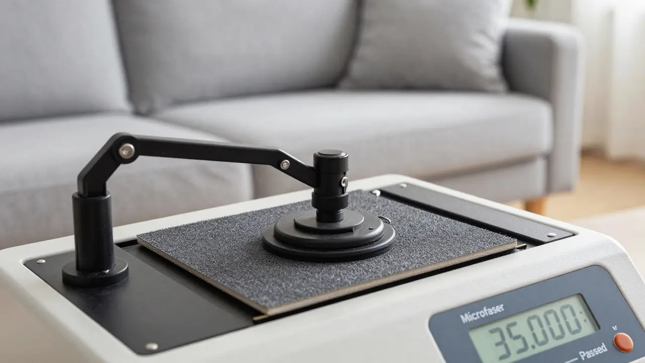 Ein Laborgerät, das einen Stoff 35.000 Mal reibt, um seine Haltbarkeit zu testen — mit digitaler Anzeige.