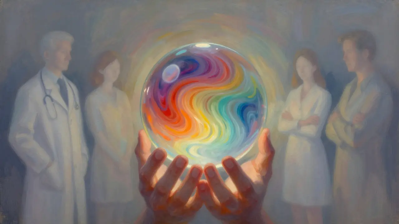 Eine fragile Kugel aus Licht symbolisiert Hoffnung und Unterstützung durch ein multidisziplinäres Team bei Gewichtsreduktion.