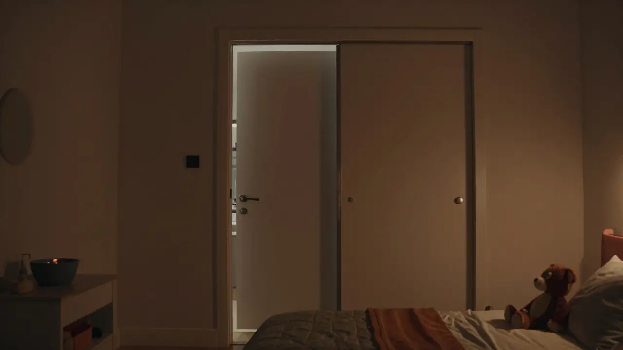 Eine Schlafzimmertür gleitet sanft zurück in die Wand, beleuchtet von einer sanften LED-Leiste in der Nacht.