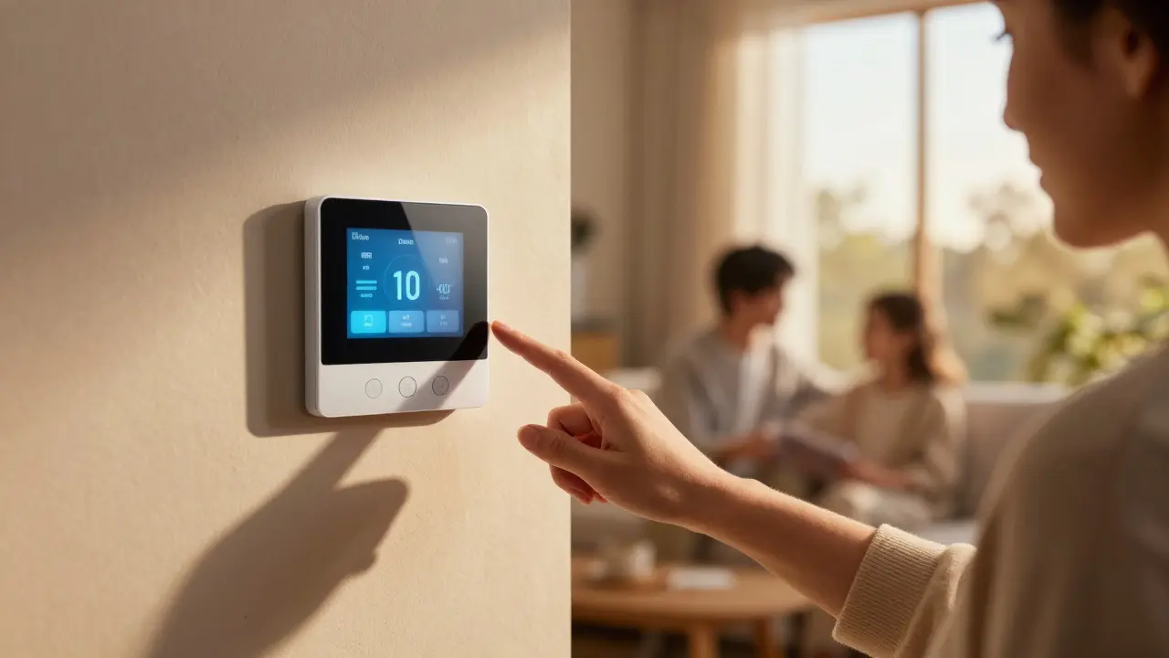 Familie nutzt automatisierte Steuerung für Energieeffizienz und Komfort